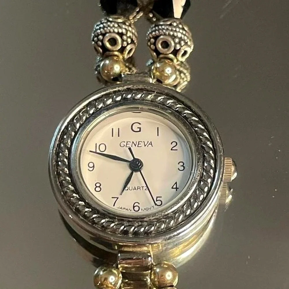 Geneva Boho Silver Gold Beaded Bracelet Watch Toggle Clasp Mixed Metal - 7.5